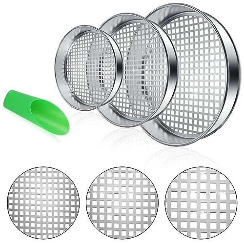 Windyun 3 Pcs Rock Garden Sieve Soil Dirt Sifter Sand Soil Sieve Compost Sifter Screen Sifting Screen Pan Metal Dirt Strainer with Shovel Tools for Gardening Bonsai Beach Gravel, 3 Sieve Mesh