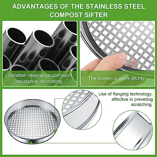 Windyun 3 Pcs Rock Garden Sieve Soil Dirt Sifter Sand Soil Sieve Compost Sifter Screen Sifting Screen Pan Metal Dirt Strainer with Shovel Tools for Gardening Bonsai Beach Gravel, 3 Sieve Mesh