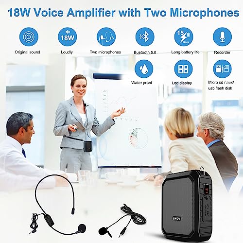 Voice Amplifier with Lapel Microphone/Microphone Headset-18W Waterproof Megaphone Speaker Pa System with 2 Mics, Bluetooth 5.0 Portable Microphone and Speaker for Teachers Elderly Tour Guide ect