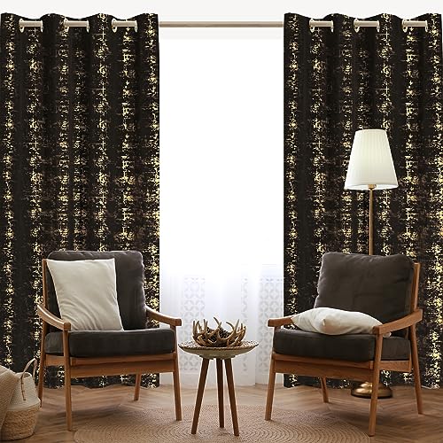 Tititex Luxury Golden Black Velvet Blackout Curtains 96 inch Length 2 Panels Sets for Bedroom Window Drapes Thermal Curtains with Grommets, Gold Foil Print for Living Room