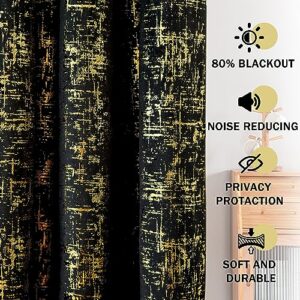 Tititex Luxury Golden Black Velvet Blackout Curtains 96 inch Length 2 Panels Sets for Bedroom Window Drapes Thermal Curtains with Grommets, Gold Foil Print for Living Room