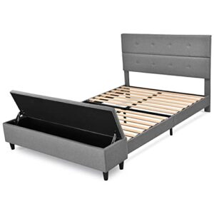 AEZOS Upholstered Queen Size Platform Bed Frame with Headboard and Storage Ottoman, Stitched Button Tufted Mattress Foundation with Wooden Slats Support, No Box Spring Needed, Light Gray