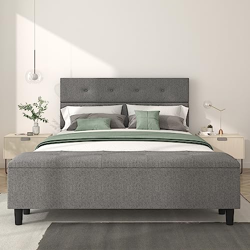 AEZOS Upholstered Queen Size Platform Bed Frame with Headboard and Storage Ottoman, Stitched Button Tufted Mattress Foundation with Wooden Slats Support, No Box Spring Needed, Light Gray