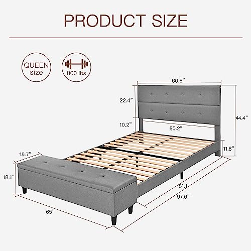 AEZOS Upholstered Queen Size Platform Bed Frame with Headboard and Storage Ottoman, Stitched Button Tufted Mattress Foundation with Wooden Slats Support, No Box Spring Needed, Light Gray