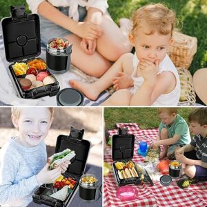 Bento Lunch Box Set for Kids with 10oz Soup Thermo, Leak-Proof Lunch Containers with 4 Compartment, Kids Thermo Hot Food Jar and Insulated Lunch Bag for Kids to School,BPA-Free(Black)