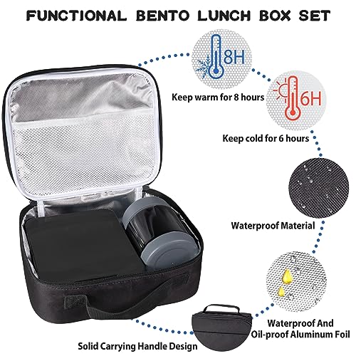 Bento Lunch Box Set for Kids with 10oz Soup Thermo, Leak-Proof Lunch Containers with 4 Compartment, Kids Thermo Hot Food Jar and Insulated Lunch Bag for Kids to School,BPA-Free(Black)