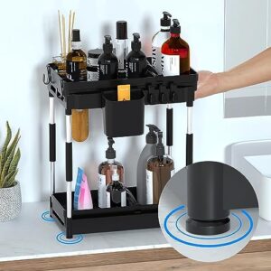 Double Sliding Under Sink Organizers and Storage - Adjustable 2 Tier Pull Out Under Cabinet Organizer Counter, Under Sink Storage for Bathroom and Kitchen, Multi-Purpose Organization and Storage Shelf