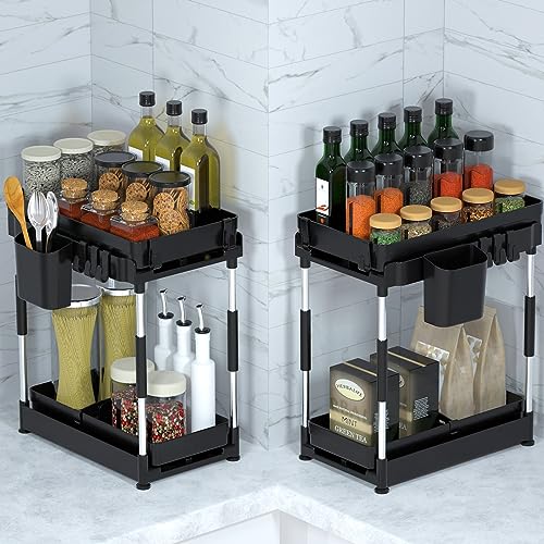 Double Sliding Under Sink Organizers and Storage - Adjustable 2 Tier Pull Out Under Cabinet Organizer Counter, Under Sink Storage for Bathroom and Kitchen, Multi-Purpose Organization and Storage Shelf