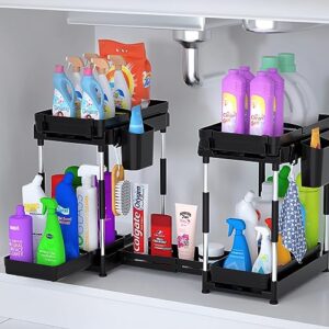 Double Sliding Under Sink Organizers and Storage - Adjustable 2 Tier Pull Out Under Cabinet Organizer Counter, Under Sink Storage for Bathroom and Kitchen, Multi-Purpose Organization and Storage Shelf