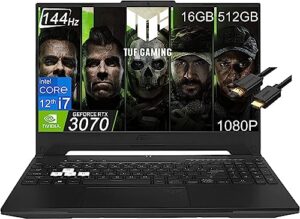 asus tuf dash f15 gaming laptop (15.6 inches 144hz, intel 12th gen i7-12650h, 16gb ddr5 ram, 512gb pcle ssd, geforce rtx 3070 8gb), thunderbolt 4, backlit kb, wifi 6, ist cable, win 11 home - black