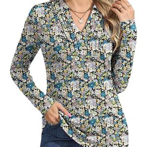 LUYAA Womens Long Sleeve Fall Tops Collared Work Shirts Uniform Polo Shirts for Women Blue Floral M