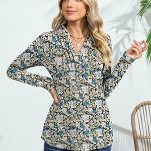 LUYAA Womens Long Sleeve Fall Tops Collared Work Shirts Uniform Polo Shirts for Women Blue Floral M