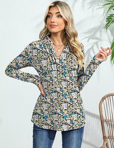 LUYAA Womens Long Sleeve Fall Tops Collared Work Shirts Uniform Polo Shirts for Women Blue Floral M