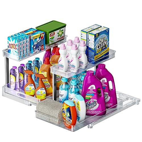 Under Sink Organizer and Storage, 2 Tier Sliding Under Sink Shelf, L Shaped Pull Out Cabinet Basket Organizer, Multi-Purpose Slide Out Organizer Rack for Bathroom, Kitchen, 2 Pack, Clear