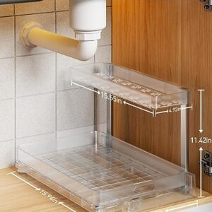 Under Sink Organizer and Storage, 2 Tier Sliding Under Sink Shelf, L Shaped Pull Out Cabinet Basket Organizer, Multi-Purpose Slide Out Organizer Rack for Bathroom, Kitchen, 2 Pack, Clear