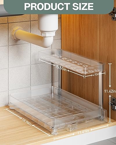 Under Sink Organizer and Storage, 2 Tier Sliding Under Sink Shelf, L Shaped Pull Out Cabinet Basket Organizer, Multi-Purpose Slide Out Organizer Rack for Bathroom, Kitchen, 2 Pack, Clear