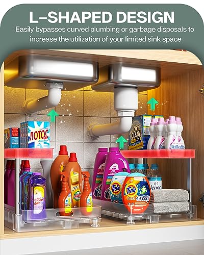 Under Sink Organizer and Storage, 2 Tier Sliding Under Sink Shelf, L Shaped Pull Out Cabinet Basket Organizer, Multi-Purpose Slide Out Organizer Rack for Bathroom, Kitchen, 2 Pack, Clear