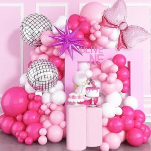 pink balloon arch kit, princess dark hot pink and white balloon garland with disco ball bow balloons light pink fuchsia magenta latex balloons for girls birthday baby shower party decorations