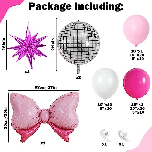 Pink Balloon Arch Kit, Princess Dark Hot Pink and White Balloon Garland with Disco Ball Bow Balloons Light Pink Fuchsia Magenta Latex Balloons for Girls Birthday Baby Shower Party Decorations