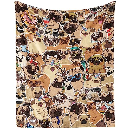 Pug Dog Throw Blanket - Soft, Fuzzy & Warm - 30x40 Inches Lap Size Blanket for Couch, Office - Brown Cute Throw Gift for Girls, Boys