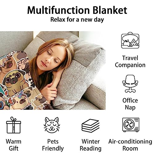 Pug Dog Throw Blanket - Soft, Fuzzy & Warm - 30x40 Inches Lap Size Blanket for Couch, Office - Brown Cute Throw Gift for Girls, Boys