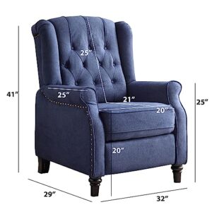 ebello pushback recliner chair, fabric armchair push back recliner with rivet decoration, single sofa accent chair for living room, bedroom, dark blue