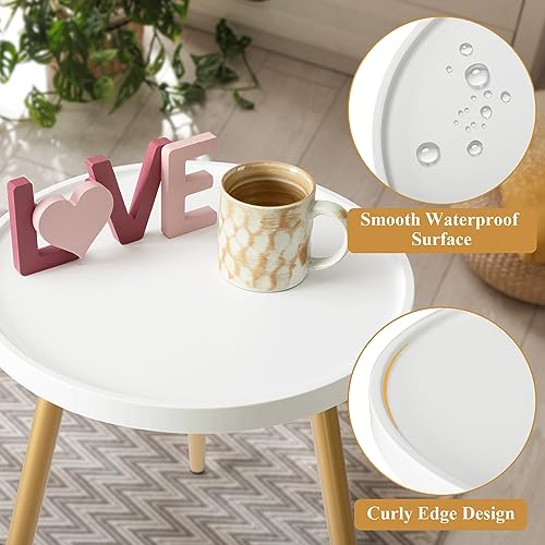 danpinera Round Side Table, Metal Legged Accent Table with Wooden Tray, Small Round End Table for Living Room, Bedroom, Nursery, White & Gold