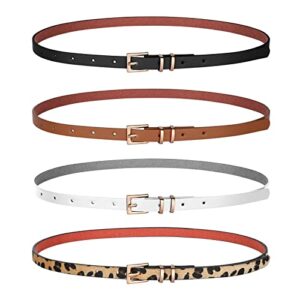 jasgood 4 pack women skinny leather belt thin waist belt with gold buckle for jeans pants dress (suit for waist size 22"-26", b-black+brown+white+leopard)