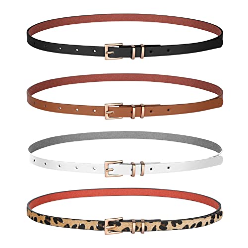 JASGOOD 4 Pack Women Skinny Leather Belt Thin Waist Belt with Gold Buckle for Jeans Pants Dress (Suit for waist size 22"-26", B-Black+Brown+White+Leopard)