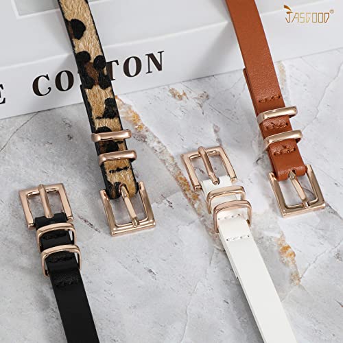 JASGOOD 4 Pack Women Skinny Leather Belt Thin Waist Belt with Gold Buckle for Jeans Pants Dress (Suit for waist size 22"-26", B-Black+Brown+White+Leopard)