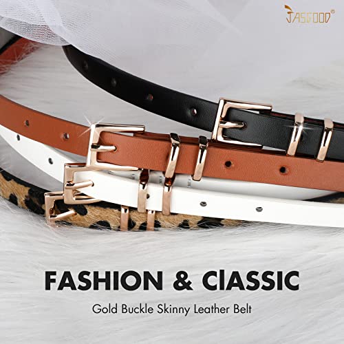 JASGOOD 4 Pack Women Skinny Leather Belt Thin Waist Belt with Gold Buckle for Jeans Pants Dress (Suit for waist size 22"-26", B-Black+Brown+White+Leopard)