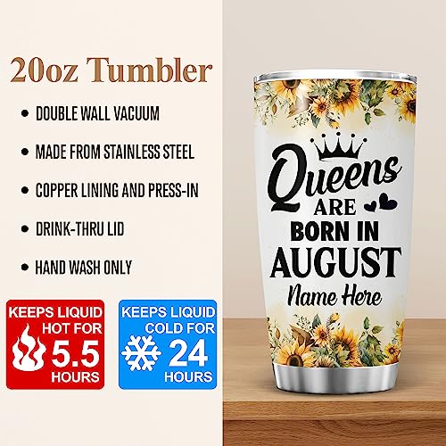 Birthday Tumbler Gifts for Women Girls Daughter Friends Sisters Queens Are Born In August Personalized Tumblers Cup Birth Month Bday Floral Stainless Steel Insulated Travel Coffee Mug with Lid 20oz