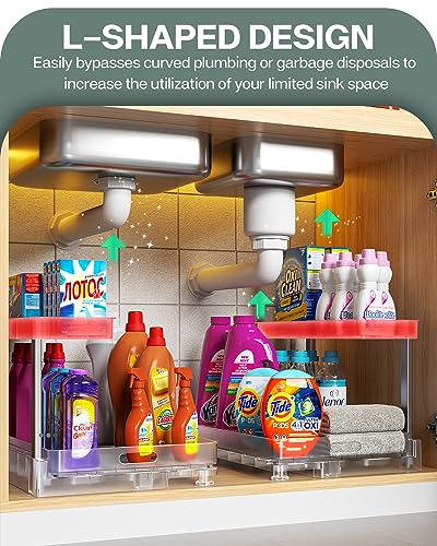 Under Sink Organizer and Storage, 2 Tier Sliding Under Sink Shelf, L Shaped Pull Out Cabinet Basket Organizer, Multi-Purpose Slide Out Organizer Rack for Bathroom, Kitchen, Clear