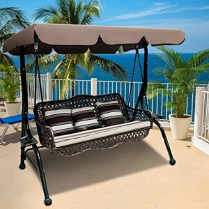 j.m.deco 3 seat porch swing, outdoor swing with canopy adjustable, 3 pillows & 2 side trays, wicker patio swing chair for balcony, garden, poolside, backyard (brown)