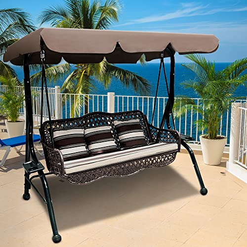 J.M.Deco 3 Seat Porch Swing, Outdoor Swing with Canopy Adjustable, 3 Pillows & 2 Side Trays, Wicker Patio Swing Chair for Balcony, Garden, Poolside, Backyard (Brown)