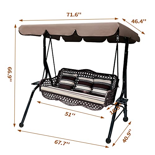 J.M.Deco 3 Seat Porch Swing, Outdoor Swing with Canopy Adjustable, 3 Pillows & 2 Side Trays, Wicker Patio Swing Chair for Balcony, Garden, Poolside, Backyard (Brown)