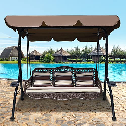 J.M.Deco 3 Seat Porch Swing, Outdoor Swing with Canopy Adjustable, 3 Pillows & 2 Side Trays, Wicker Patio Swing Chair for Balcony, Garden, Poolside, Backyard (Brown)