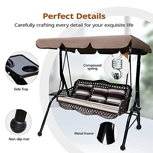 J.M.Deco 3 Seat Porch Swing, Outdoor Swing with Canopy Adjustable, 3 Pillows & 2 Side Trays, Wicker Patio Swing Chair for Balcony, Garden, Poolside, Backyard (Brown)