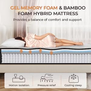 Sweetnight Queen Size Mattress in a Box - 10 Inch Pillow Top Queen Mattress, Bamboo and Gel Memory Foam Hybrid Mattress with Individually Pocketed Springs for Support & Comfort Sleep, Siesta,Black