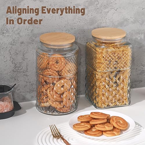 Galazzz 90 OZ Cookie Jars, 2600ml Glass Jars with Airtight Lids, Vintage Decorative Glass Storage Containers with Bamboo Lids for Coffee Candy, Candy Jar Coffee Canister with Big Capacity Square