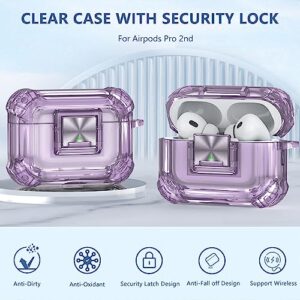 Halunbaby for AirPods Pro 2nd Generation Clear Case Cover with Secure Lock Clip Full Drop Protection,High-Transparent Soft TPU Material and Equiped with Cleaner Kit Replacement Eartips(S/M/L) (Purple)