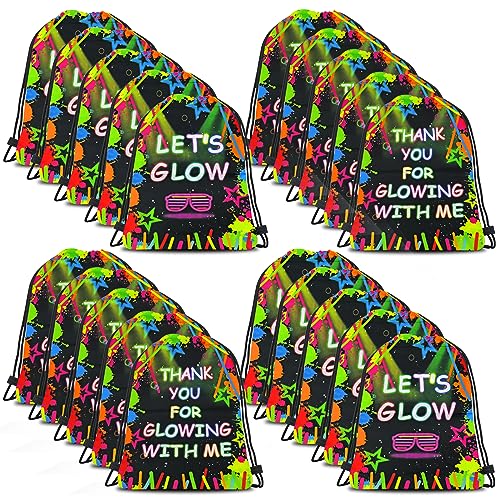 20 Pcs Let's Glow Drawstring Bags Glow Party Supplies Favor Bags Neon Party Gift Bags Glow in Dark Party Drawstring Gift Bags Drawstring Pouch for Birthday Party Decorations