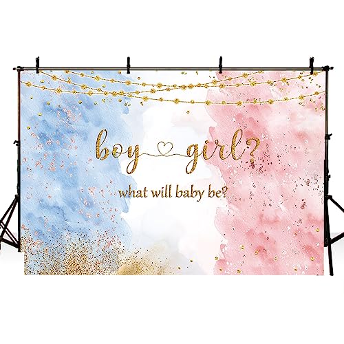 MEHOFOND 8x6ft Blue Pink Gender Reveal Backdrop Boy or Girl Party Decoration Photography Background Watercolor Rose Gold and Navy Blue He or She Pregnancy Reveal Surprise Party Photoshoot Banner
