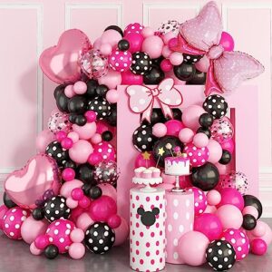 Pink and Black Balloon Arch Kit, Hot Pink Black Balloon Garland with Bow Heart Foil Balloons Cartoon Mouse Color Black Pastel Pink Latex Balloons for Girls Women Birthday Baby Shower Party Decorations