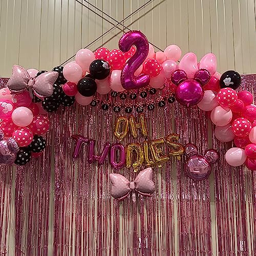 Pink and Black Balloon Arch Kit, Hot Pink Black Balloon Garland with Bow Heart Foil Balloons Cartoon Mouse Color Black Pastel Pink Latex Balloons for Girls Women Birthday Baby Shower Party Decorations