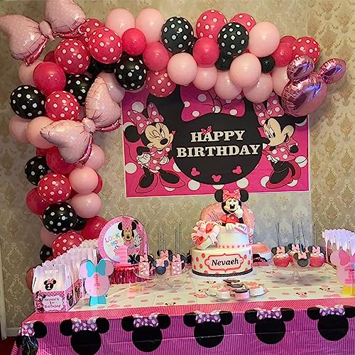 Pink and Black Balloon Arch Kit, Hot Pink Black Balloon Garland with Bow Heart Foil Balloons Cartoon Mouse Color Black Pastel Pink Latex Balloons for Girls Women Birthday Baby Shower Party Decorations