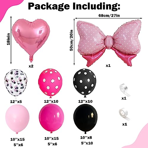 Pink and Black Balloon Arch Kit, Hot Pink Black Balloon Garland with Bow Heart Foil Balloons Cartoon Mouse Color Black Pastel Pink Latex Balloons for Girls Women Birthday Baby Shower Party Decorations