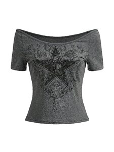 soly hux women's y2k graphic tees crop tops star print off shoulder short sleeve t shirts dark grey star s
