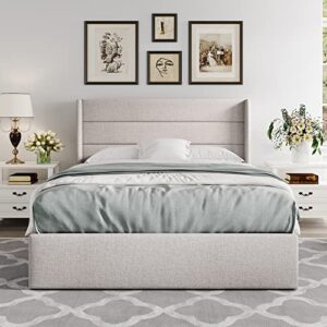 Allewie Queen Size Lift Up Storage Bed, Modern Wingback Headboard, No Box Spring Needed, Hydraulic Storage, Light Beige