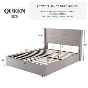 Allewie Queen Size Lift Up Storage Bed, Modern Wingback Headboard, No Box Spring Needed, Hydraulic Storage, Light Beige